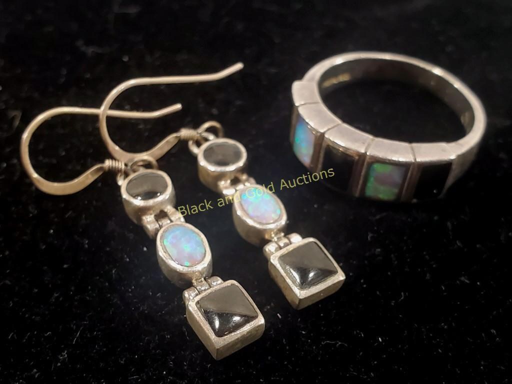 Marked Sterling Silver Opal Earrings & Ring