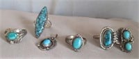 (5) Sterling and turquoise rings and (1) pendant.