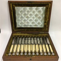 12 Forks And Knives In Fitted Inlaid Wooden Case