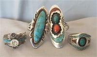 (4) Sterling Native American/southwest rings with