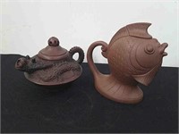 Vintage yixing pottery koi teapot and  vintage