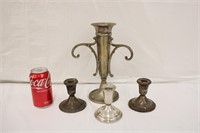 Weighted Sterling Candlesticks & Silverplate Vase
