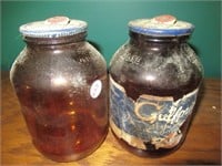 (2) Antique brown quart jars, one with label Gulf