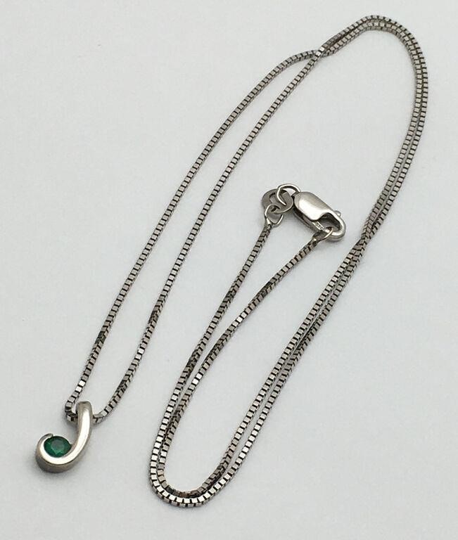 14k Gold Box Chain Necklace With Green Stone Charm