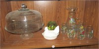 West Virginia glass pitcher and (8) glasses, hen
