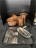 Farmhouse Copper Canisters, Molds, Silverplate.