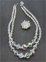 2 Strand Aurora Borealis Necklace & brooch Crystal