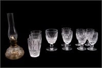 10 Waterford Cut Crystal Glasses & an Oil Lamp.