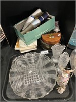 2 Trays Pressed Glass, Sewing Patterns, Thread.