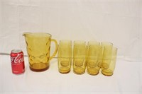 Vintage Amber Pitcher w/ 8 Tumblers