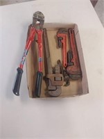 Lot of 4 Pipe Wrenches and 18" Bolt Cutters