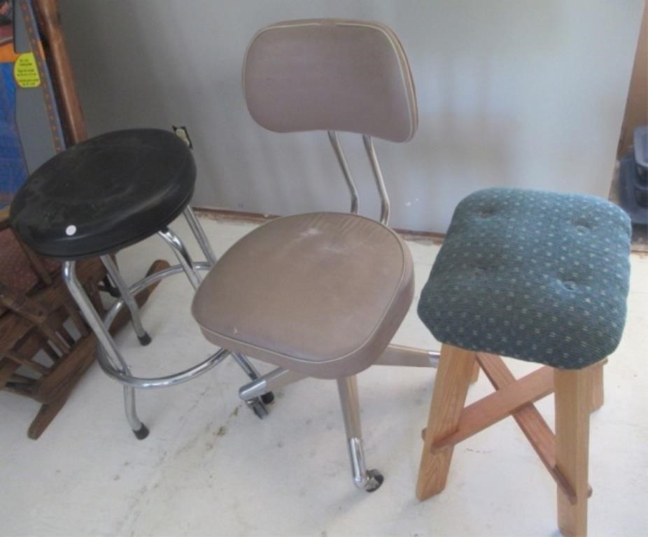(2) Stools and rolling office chair.