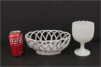 Woven Pottery Basket & Milk Glass Compote
