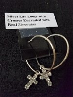 Silver ear loops with crosses encrusted with real