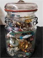 Vintage Jar full of jewelry 5.5 in tall