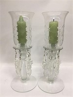 Pair Of Glass Hurricane Lights With Prisms