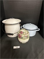 (2) Vintage Porcelain Coated Pots, Floral Tobacco