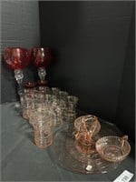 Pink Floral Depression Glass, Ruby Red Glassware.