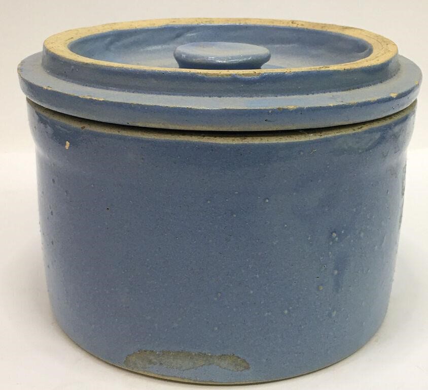 Blue Stoneware Crock Bowl With Lid