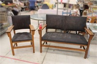 Vintage Oak Settee & Chair w/ Hand Tied Springs