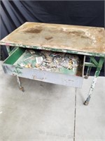 Vintage metal work table with one drawer on wheels