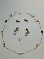 14k Gold Necklace 2 PR Earrings Multicolor Stones
