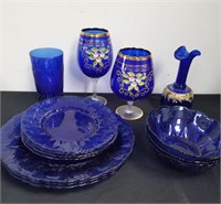 Vintage Cobalt dishes, and hand-painted goblets