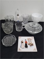 Vintage glass and crystal dishes and a tile