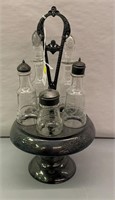 Silver Plate Condiment Set With Cut Glass Bottles