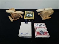 Vintage playing cards and two small wooden