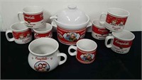 Vintage Campbell's soup tureen, with soup mugs,
