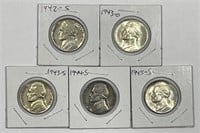 Five Silver Jefferson War Nickels AU/UNC LOT
