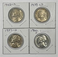 Four Denver D Minted Jefferson Nickels BU