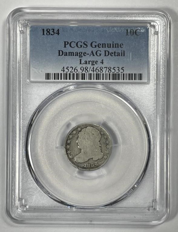 1834 Capped Bust Silver Dime Lrg 4 PCGS AG detail