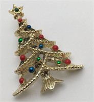 Gold Tone Designer Christmas Tree Brooch