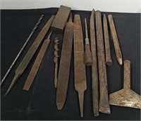 Group of Rusty files, drill bits, spikes, and