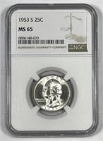 1953-S Washington Silver Quarter Gem BU NGC MS65
