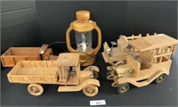 4 Wooden Vintage Model Cars, Wooden Electric Lamp.