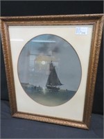 FRAMED OIL OF SHIP & LIGHTHOUSE SIGNED M. DEGROFF