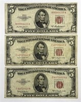1953 A B C $5 Red Seal US Note Trio VF