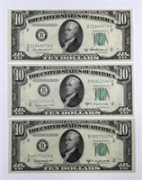 1950 B C D $10 FRN Federal Reserve Note Trio XF+