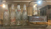 (4) Vntg Glass Pepsi Bottles & Metal 6-Pack Holder