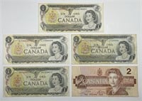 CANADA: Assortment of Five $1 & $2 Currency Notes