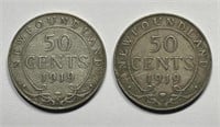CANADA NEWFOUNDLAND: 1919-C Silver 50 Cents Pair