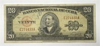 CUBA: 1949 Twenty Pesos 20P Currency Note Circ