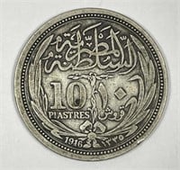 EGYPT: 1916 Silver 10 Piastres Very Fine VF+