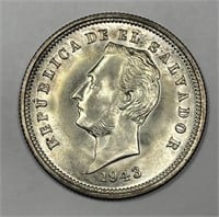 EL SALVADOR: 1943 Silver 25 Centavos UNC BU