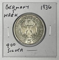 GERMANY: 1936-E Silver 5 Mark About Uncirculated