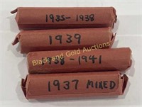 (4) Rolls of Wheat Cents 1935-1941