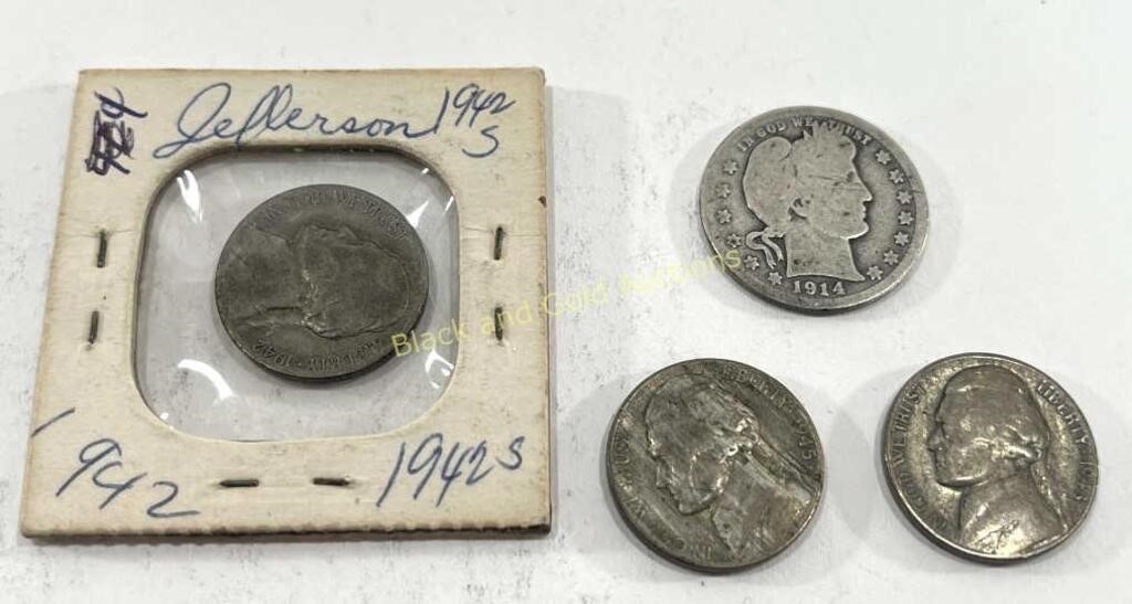 (1) 1914 Barber Quarter & (3) Silver War Nickels